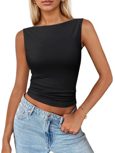 EMOTTOS Canotta Senza Maniche con Increspature, Y2K Canottiera Sexy Senza Spalline con Top Monospalla, Slim Fit Top per Partito Maglietta Tinta Unita Estiva Shirt per Donne, Nero, S