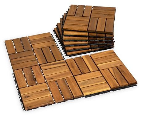VICTORY RELAX Natural Acacia 12x12 Interlocking Wood Deck Tiles for Balcony, Garden, Patio, Poolside Decor - Waterproof Indoor & Outdoor Flooring - 12 Slats, Square Joints, Pack 9, Natural Color