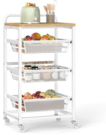 VASAGLE Carrito de Almacenaje de 4 Niveles, con Cestas Extraíbles, Estante de Cocina con Ruedas y Asa, 31,7 x 40 x 76 cm, Roble Dorado y Blanco Mate LRC040Y01