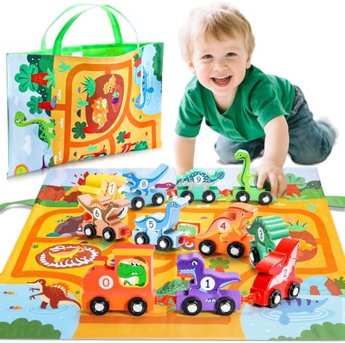 Jouet Enfant 1 2 3 Ans Garçon, Jeux Montessori 2 Ans Voiture Enfant Cadeau Fille Garçon, Jouet Bebe 1 An Motricité Fine, Dinosaure Train avec Tapis de Jeu/Rangement 2 en 1 - Jeu Educatif pour Enfants