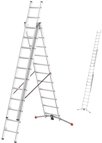 Hailo Leiter 3x11 Sprossen, 3-teilige Alu-Kombileiter, Mehrzweckleiter bis 150kg belastbar, max. Arbeitshöhe 696 cm, Multifunktionsleiterm, Aluleiter ausziehbar, Anlegeleiter, Stehleiter