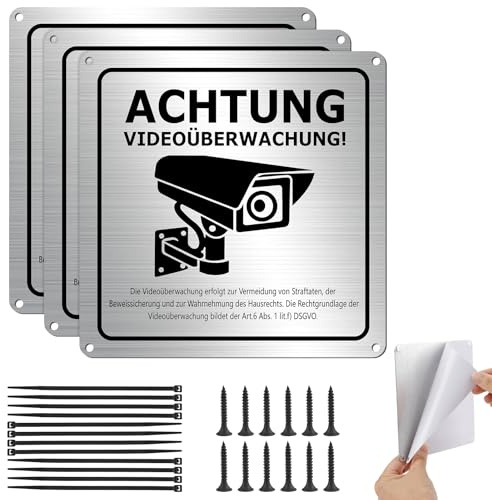 3 Stück Schild Videoüberwachung,15 x 15 cm Aluminium Achtung Videoüberwachung Schild Privatgrundstück DSGVO Hinweis,Schilder Kameraüberwachung Warnschild Hinweisschild mit Selbstklebend 4 Bohrlöcher
