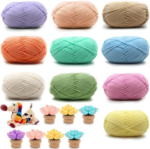 Lot de 10 pelotes de fil à tricoter à la main en coton, contient du fil de coton de lait, Pour crochet et artisanat, Pour débutants,10 couleurs, 50 g