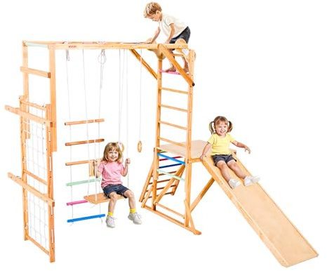 VEVOR Parco Giochi al Coperto, Carico 100 kg, Set Giocattoli in Legno da Arrampicata Montessori con Altalena, Scivolo, Barra di Scimmia, Anelli da Palestra, Scala in Legno/Corda, Rete e Barra