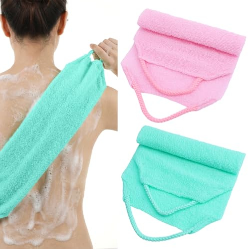 Matwsec 2 Pcs Back Scrubber for Shower, 15.55 Inch Exfoliating Back Washer with Handles, Double Sided Nylon Body Scrub Towel for Women Men, Stretchable Bath Loofah for Deep Cleaning