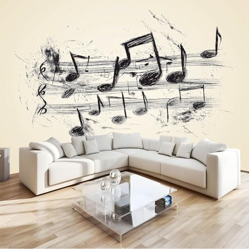 200 x 140 cm Papel pintado mural Crema Arte Papel tapiz Fotomural Tema Musical Notas Musicales, Moderna Decoración Tejido no Tejido Decoración De Pared Sala Cuarto