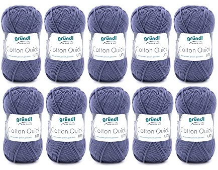 Gründl Wolle Cotton Quick uni - dünne Wolle zum Häkeln - Strickgarn - Häkelgarn - Glänzend und hautfreundlich - 100 % Baumwolle - 10 Knäuel 50 g / 125 m - Nadelstärke 3- 4 - Grau Blau
