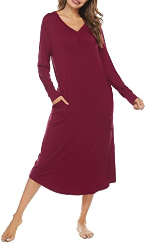 Vlazom Camicia da Notte Lunga Donna Manica Lunga con Bottoni Davanti Scollo a V Invernali Taglie Forti，A-Vino Rosso，XXL