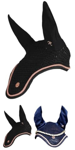 Marengos - Fliegenhaube Modern Rosé | edle Fliegenohren mit roségoldenem Metallplättchen & Zierkordel | Ohrenschutz für Pferde | Schutz vor Insekten | Pferde Zubehör in Schwarz | Vollblut
