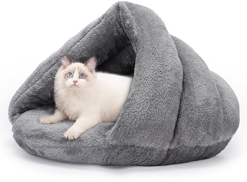 ALLSOPETS Letto Ortopedico per Gatti e Cani Piccoli Tenda per Gatti Grotta Accogliente a Forma di Triangolo con Fondo Antiscivolo per un Sonno Confortevole (Grigio Chiaro, M)
