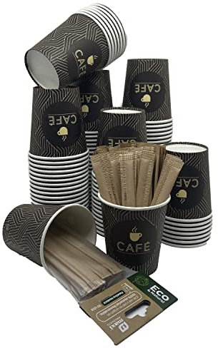 Vasos desechables cafe x100 + Palitos de madera desechables x100. Vasos desechables de 200ml. Vasos de carton con paletinas cafe. Vasos cafe para llevar cafe, té, bebidas frías y calientes. (200ml)