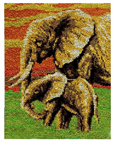 Mother Elephant and Calf Latch Hook Kit 50x38cm, Complete DIY Rug Making Craft Kits with Yarn & Canvas and Crochet Needle, Adult Craft Kits for Women, Latch Hook Rug Relaxing Home Art Project