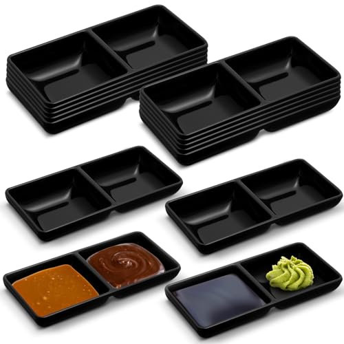 Gejoy 12 Pcs Dual Dipping Sauce Bowls Melamine Soy Sauce Dish Bowls Two Compartments Party Trays Divided Fondue Plates for Restaurant Kitchen Sushi Soy Sauce (Black)