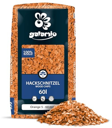 GALAMIO Holzhackschnitzel Orange Hackschnitzel Mulch Natur Wald Kiefer Pinus Sylvestris Garten Dekor Holz Häcksel Grob 5-60mm 60l x 26 Sack 1.560l / 1 Palette