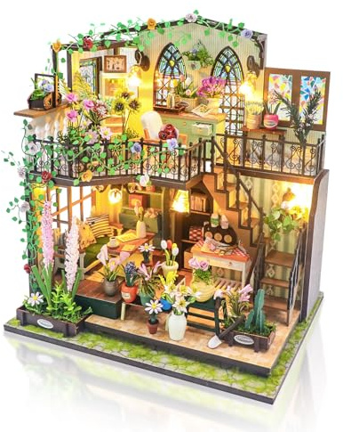 Cuteefun Casa de Muñecas de Madera con LED, DIY Casas de Muñecas Miniaturas con Muebles Construir para Adultos, Cumpleaños, Navidad(Casa de Flores)