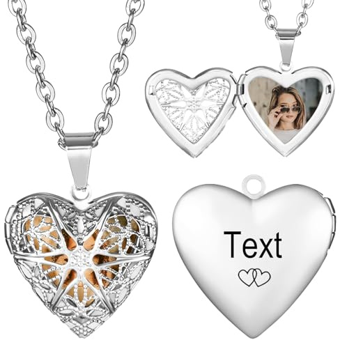 INBLUE Collana Personalizzato Medaglione per Donna con Cuore Testo Foto Personalizzata Nome Inciso Collana con Ciondolo di Cuore in Acciaio Inox Gioielli Regalo per la Moglie Sorella - B1