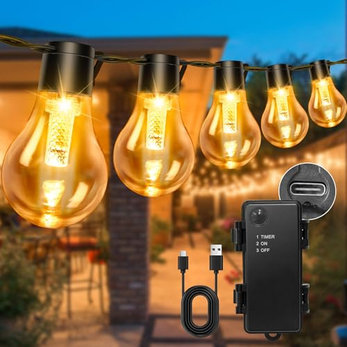 DSLebeen Catena Luminosa Esterni con Timer, 9M/30FT Luci da Batteria con 12 A60 LEDs USB Ricaricabile 5000mAh Luci Natalizie per Decorazione Esterna Scale Giardini Gazebo Matrimoni