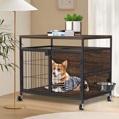 Dog Crate Furniture with Wheels, 31 Heavy Duty Wooden Side End Table, Indoor Dog Kennel Furniture for Small/Medium Dog, Double Doors & 360 Degree Rotating Stainless Bowl 31 Lx21.6 Wx27.5 H
