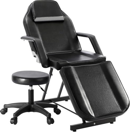 ALLINLIFE Massageliege Klappbar Kosmetikliege mit Rollhocker 3 Zonen Höhenverstellbar Massagetisch Massagebett mit ergonomischer Kopfstütze, Bezug, Armablage, Kissen (Schwarz)