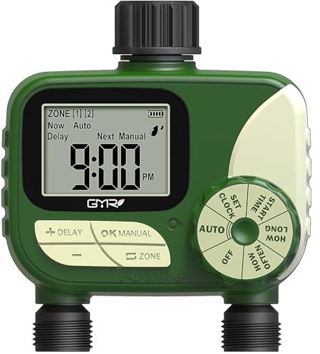 Bewässerungscomputer 2 Ausgänge, Bewässerungsuhr mit Regenverzögerung/manueller/automatischer Funktion，Bewässerungsuhr mit großer LCD-Anzeige für Gärten