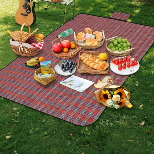 Alaoo Coperta da Picnic, Coperta da Picnic Impermeabile, 150 x 200 cm Tappetino da Picnic Pieghevole con Manico Portatile per Spiaggia, Parco, Escursionismo, Campeggio(Strisce Rosse)