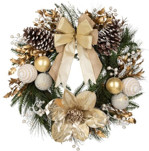 24” Champagne Christmas Wreaths for Front Door with Magnolia Fake Pearl, Christmas Door Wreath with Bow Golden Balls, Pine Needles Pine Cones for Home Wall Window Indoor Outdoor Xmas & Holiday Decor