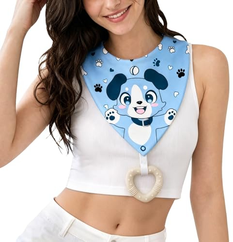 LittleForBig Bavoir Adulte Imperméable 2-en-1-Bandana Petit Bleu avec Anneau Dentition Biscuit pour Chien – Ensemble Bavoir Cartoon Chiot en Soie de Lait et Jouet à Mâcher en Silicone – Tailles S
