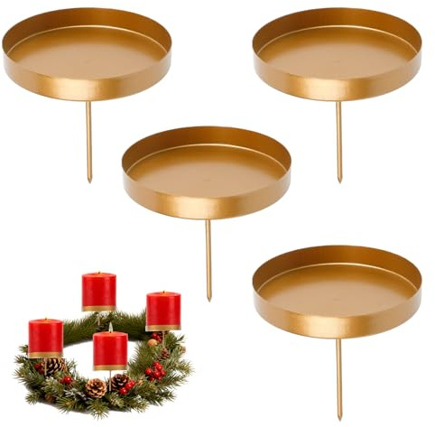 Joxessaien Set di 4 portacandele con corona dell'Avvento, in metallo, 8 cm, portacandele e piatto per candela, per corona e candele a LED