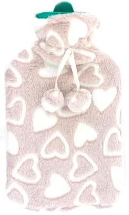 Home Universal Bolsa de Agua Caliente 2L con Funda Suave de Leopardo, Rosa, Azul y Beige, Ideal para Alivio de Dolor y Calor (Beige Corazones)
