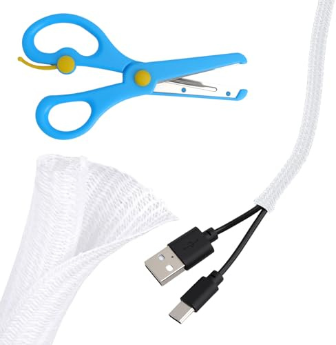 GZRXIOUS 5 m kabelslang självstängning, vit 5–10 mm kabel flexibel, med sax, kabelskyddsslang för kabelhantering, kabelgömma, kabelskydd katt, kabelkanal skrivbord, dator