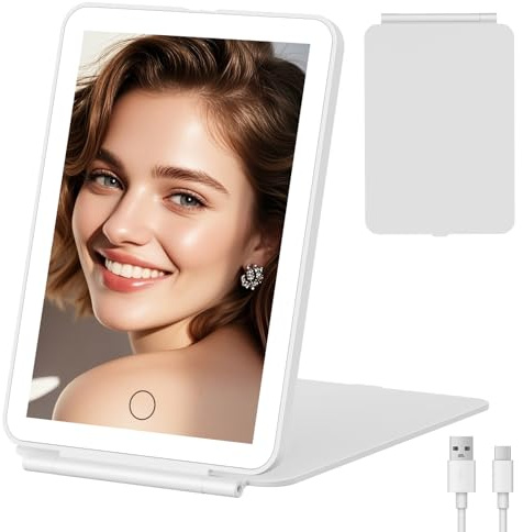 FUNTOUCH Rechargeable Makeup Vanity Mirror with 72 Led Lights, Lighted Travel Portable Light up Beauty Mirror, 3 Color Lighting, Dimmable Touch Screen (White)