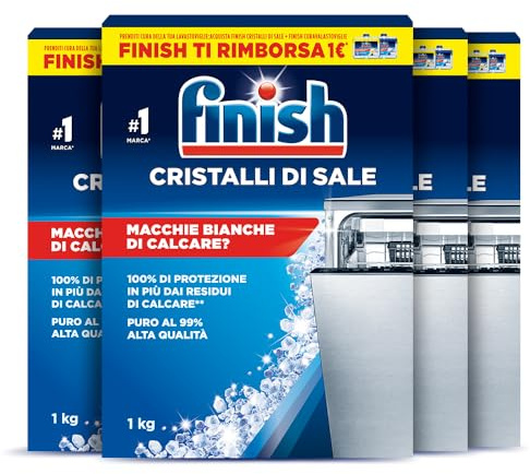 Finish Sale per lavastoviglie, Additivo per Lavastoviglie in cristalli di Sale per proteggere dal calcare e dalle macchie d'acqua, 4 Confezioni da 1000 gr