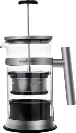 Simpli Press French Press Coffee & Tea Maker - Easy Cleanup & Customizable Smooth Coffee - Patented - Plastic-Free Premium Stainless Steel 34 oz - Black Color