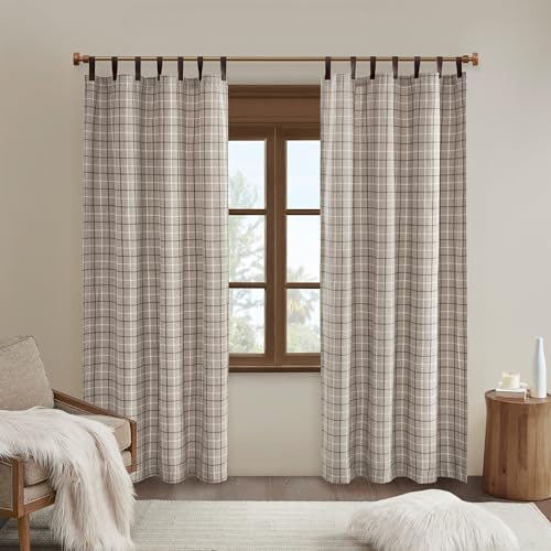 Madison Park Anaheim Cabin Plaid Curtain Window, Thermal Insulated Fleece Lining, Living Room Decor Room Darkening Drape for Bedroom, 1-Single Panel Pack, 50x84 Faux Leather Tab Top, Brown