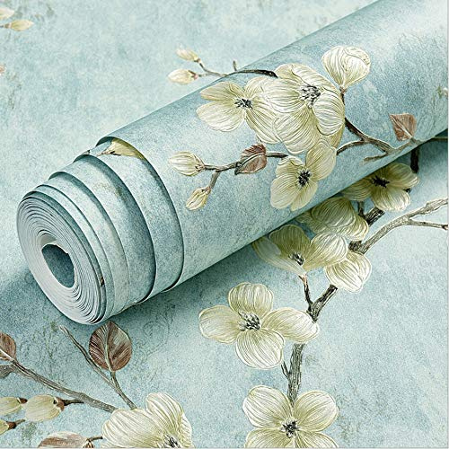 Q QIHANG 1.73' W x 32.8'L 3D Flower Tree Country Pastoral Retro Vintage Style Bedroom Living Room TV Background Non-Woven Non-Pasted Wallpaper (Light Blue)