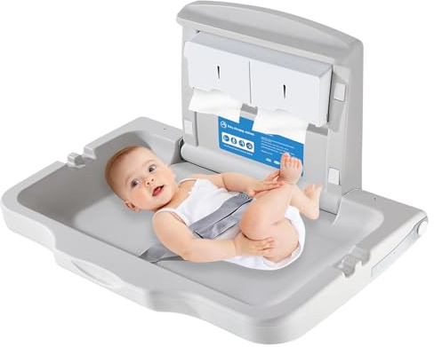 KSITEX Cambiador para bebés, cambiador plegable horizontal con cinturón de seguridad y soporte para pañuelos, cambiadores de pared para baños y aseos comerciales, capacidad de carga 40 libras