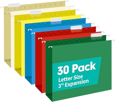 HERKKA Extra Capacity Hanging File Folders, 30 Pack Reinforced Letter Size Hanging Folders with Heavy Duty 3 Inch Expansion, Designed for Bulky Files, Medical Charts, Adjustable Tabs, Assorted Colors
