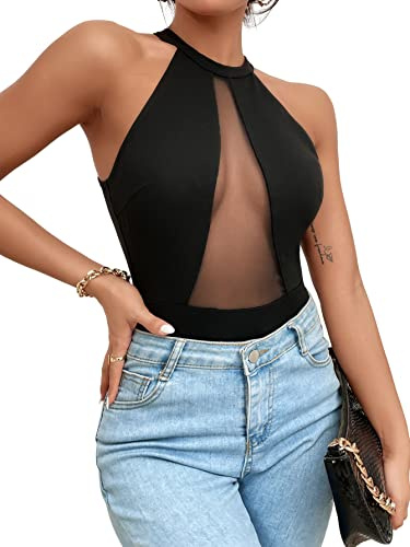 GORGLITTER Women's Mesh Sheer Sleeveless Bodysuit Halter Neck Sexy Lingerie Top Black L