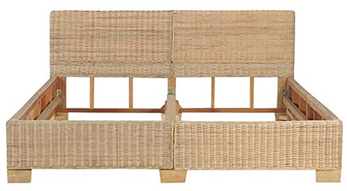 Tidyard Handgjord dubbelsäng, rottingsäng, sängram med sänggavel ryggstöd, Sovrum Sängar, sängram 160 × 200 cm, träsäng av massiv mahognyträ + äkta rotting