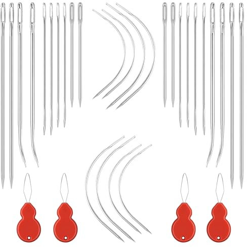 Bewudy 14 Stück Nähnadeln, Mehrere Stile Stickgarnnadel Stumpfe Nadeln mit Ösen Gebogene Nadeln mit 2 Stück Nadeleinfädler Leder nähen Stahl Nadel für Armband Schmuck Handwerk und Schmuckherstellung