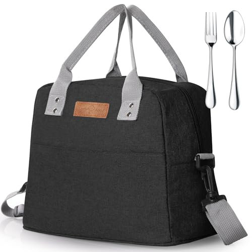 GeeRic Bolsa Térmica Porta Alimentos Fiambrera Impermeable Bolsa Porta Alimentos Porta Fiambrera de Gran con Cuchara y Tenedor Capacidad Bolsa Térmica Negro para Almuerzo, Oficina, Viaje, Colegio