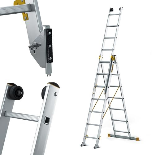 DRABEST - Max Échelle Pliante Professionnelle en Aluminium - 3 x 13 marches - 9,37 m - Industriel - jusqu'à 150 kg - pour Le bâtiment - Polyvalent - Extensible - Ajustable - Échelle d'escalier