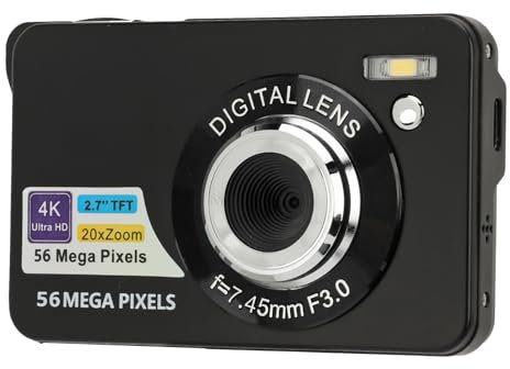 Digitalkamera, FHD 4K 56 MP, Kompakte Cmaera mit 20-fachem Zoom, Autofokus, Anti-Shake, Wasserdicht, Point-and-Shoot-Digitalkameras für Fotografie, Vlogging, Teenager, (Black)