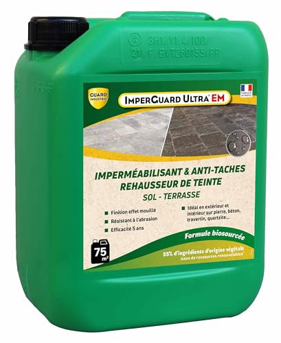 ImperGuard Ultra EM Effet Mouillé - Imperméabilisant Hydrofuge Oleofuge Sans Solvant, Ravive Couleur - Protection Pierre Béton contre Eau et Taches - Français - Bidon - Traite 75m2 – Efficace 5 ans