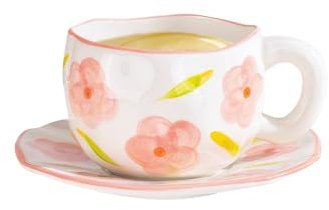 Nivofu Juego de tazas de café con platillo, taza de flores dulces, Tazas Cafe Espresso De Cerámica, taza de cerámica de 300 ml, Taza de café Irregular, para mujeres, niñas (Blanco)