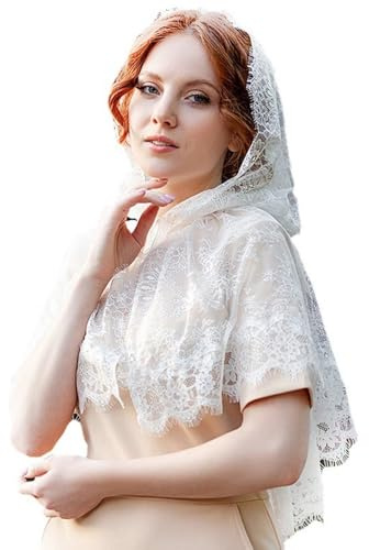 Whakano Spitze Schleier Schals Stola Kopftuch für Damen,Weiß Kopfbedeckung,Brautschleier,Kapellenschal,Schleier für Mass Latein Kapelle Kirchliche Hochzeit Festlich Fasching Hochzeit Kostüm