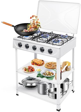 Campingspis, gasspis med 5 ljuskällor med lock och 2 förvaringsytor, total höjd 82 cm, perfekt för camping, fiske, resor, utomhusäventyr (vit)