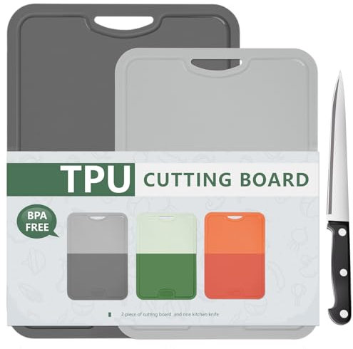 Onadak Flexible TPU Chopping Board, BPA Free with Knife and Juice Groove, Scratch Resistant Flexible Chopping Boards for Kitchen, Dishwasher Safe, Grippy Handle, Non-Slip(M-Dark Grey + S-Grey)
