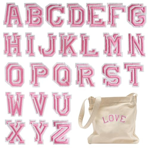 FR 52 Pcs Iron on Letters Patches, Varsity Alphabet Embroidered Patch A-Z Applique for Clothes, Dress, Hat, Jeans, DIY Accessories (Pink)