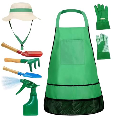 Juego de jardinería para niños 7pcs/set El conjunto educativo de jardinería para niños pequeños incluye el delantal, el pulverizador, los guantes, el sombrero, el rastrillo, las palas de la herrami
